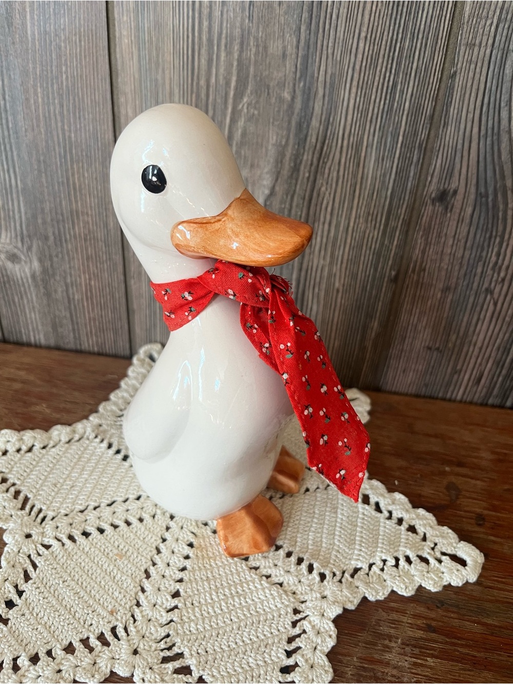 White Ceramic Duck Figurine with Red Scarf - Home Holiday Decor